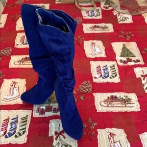 Pull on faux blue suede knee hi boots